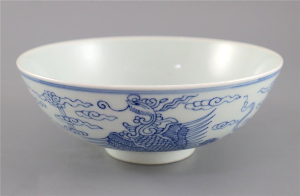 A Chinese blue and white double phoenix bowl, Chenghua mark, possibly 18th century, 19cm diameter